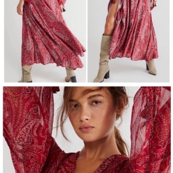 Free People Mirage Paisley Maxi Dress Red Mix Print Empire Waist Back Tie - Picture 5 of 8
